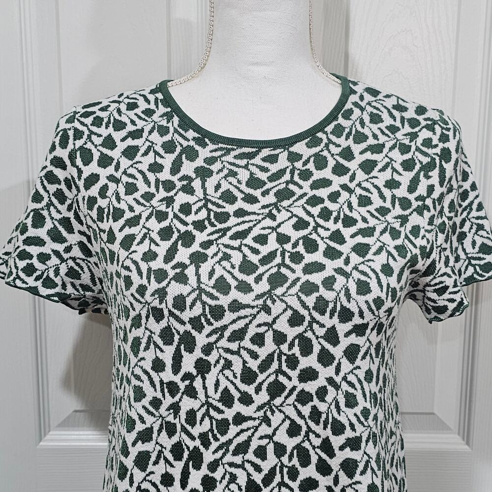 Ann Taylor Sweater Dress Medium Green White Leaf Print Knit Shift Dress - Picture 2 of 7